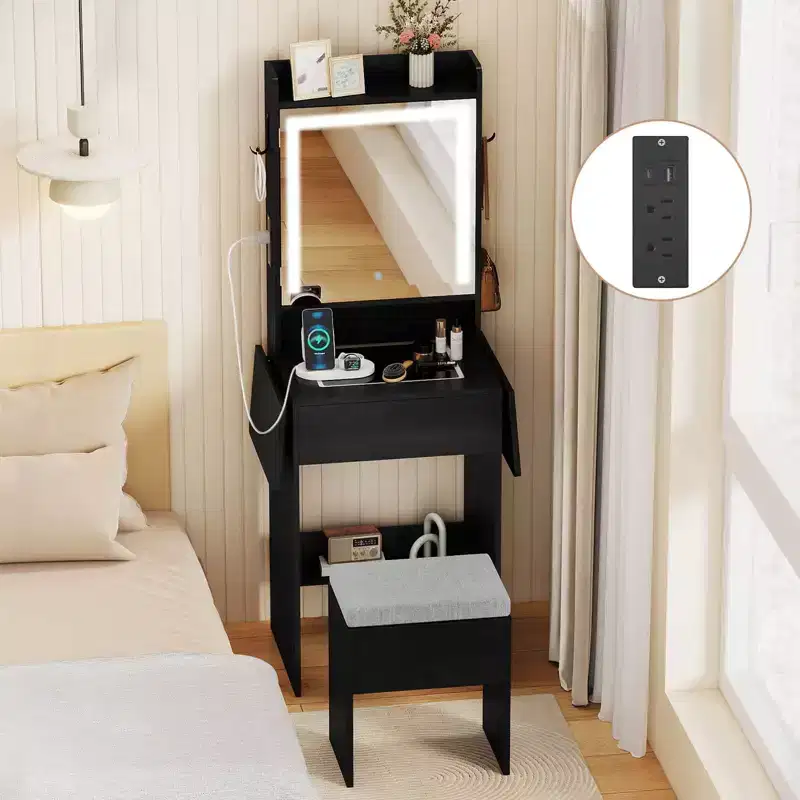Vanity Desk with LED Mirror, Stool, 2 Drop Leaf Tables & Charging Station – Black/White