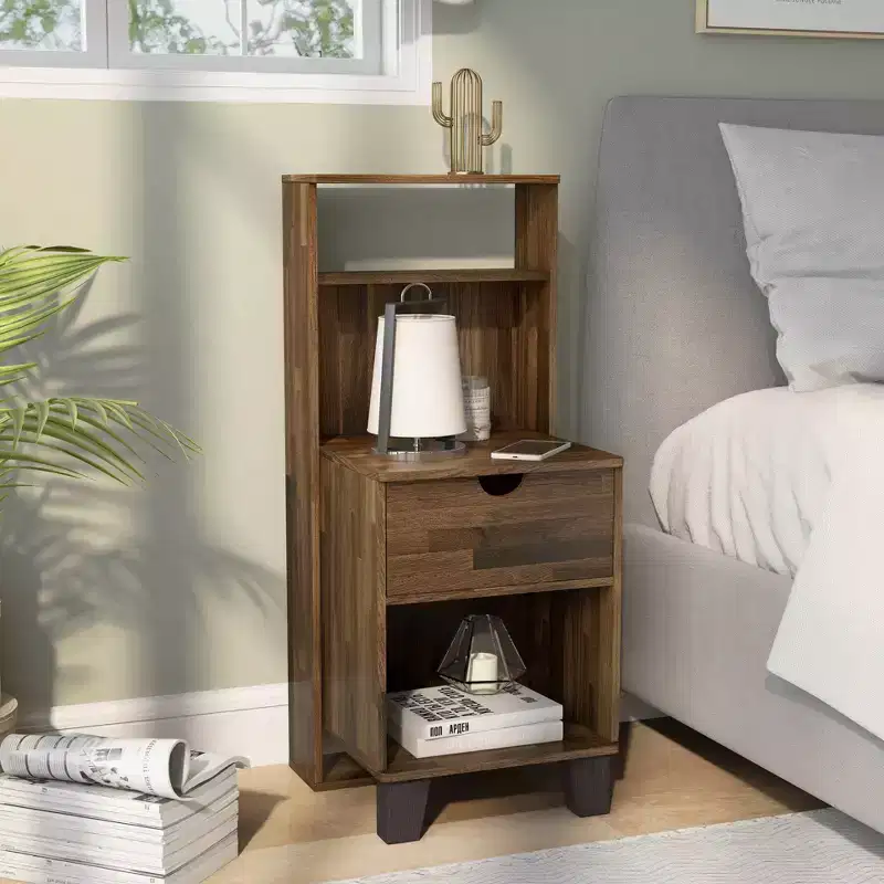 Loreman 1 Drawer Nightstand Light Hickory - miBasics: Transitional Modern Storage with Open Shelf & Cable Management