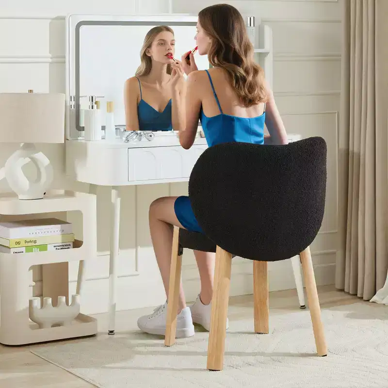 Vanity Chair With Plush Teddy Fabric, Cute Desk Chairs with Back, Rolling Upholstered Accent Chair for Living Room/Makeup Room/Bedroom