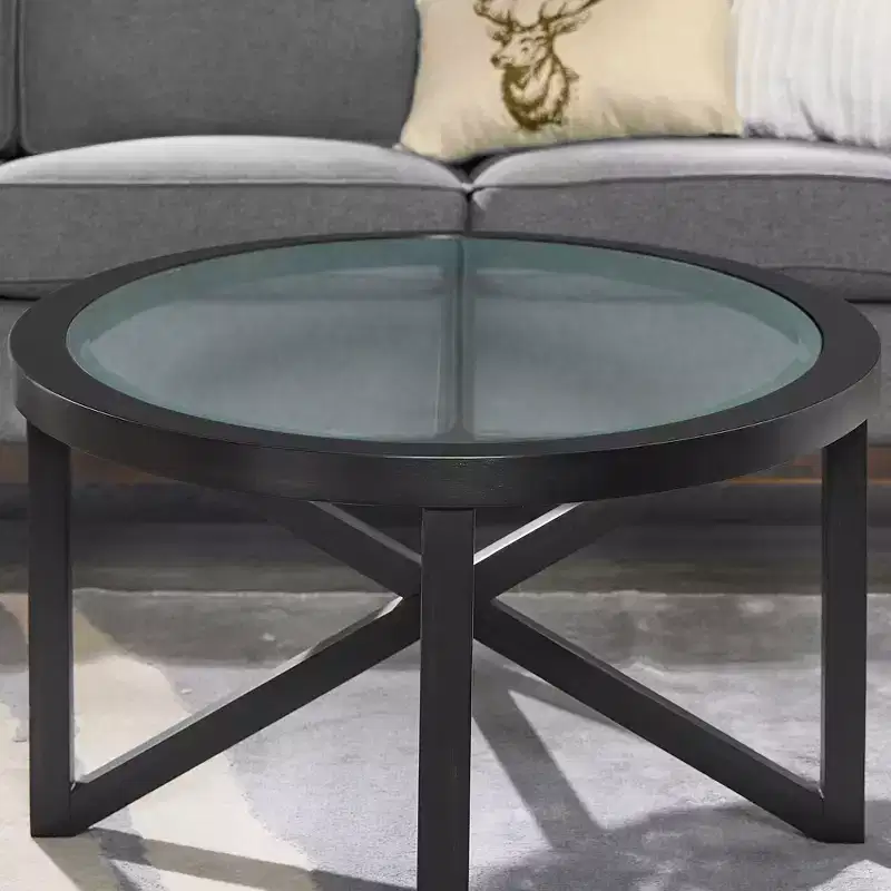 Okak Round Glass Coffee Table, Modern Simple Design, Solid Wood Base, Clear Tempered Glass Top, Living Room Terrace Study Table