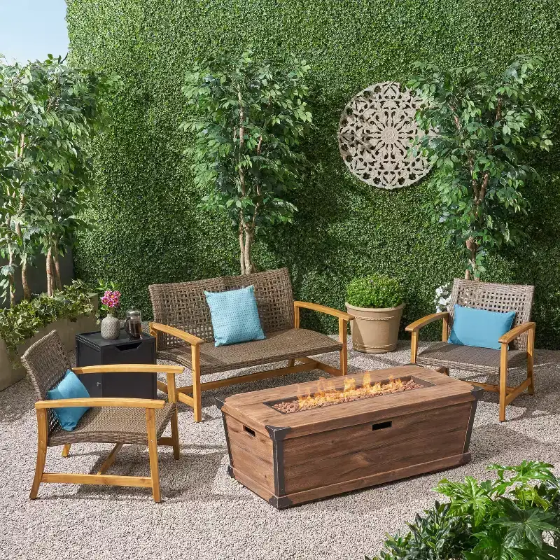 GDFStudio Savannah Outdoor Acacia Wood and Wicker 4 Seater Chat Set with 50,000BTU Fire Pit