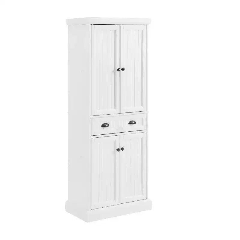 Shoreline Pantry White - Crosley: Adjustable Shelves, Storage, MDF Frame, 4 Doors, 1 Drawer, 5 Shelves, Kitchen Cabinet