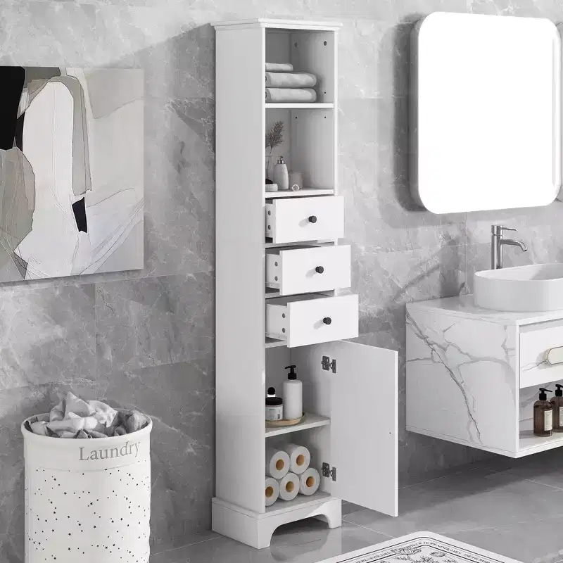Tall Bathroom Cabinet with 3 Drawers and Adjustable Shelves