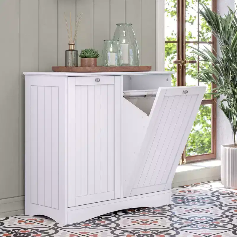 White Double Tilt-Out Laundry Hamper Cabinet with Removable Cloth Bags