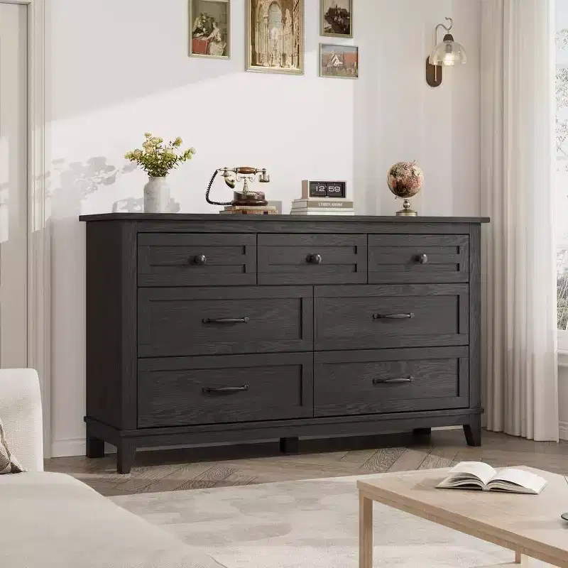 Coolmee 7 Drawers Dresser for Bedroom, Wood Rustic Chest of Drawers with Natural Texture, Storage Dressers Organizer for Bedroom, Living Room