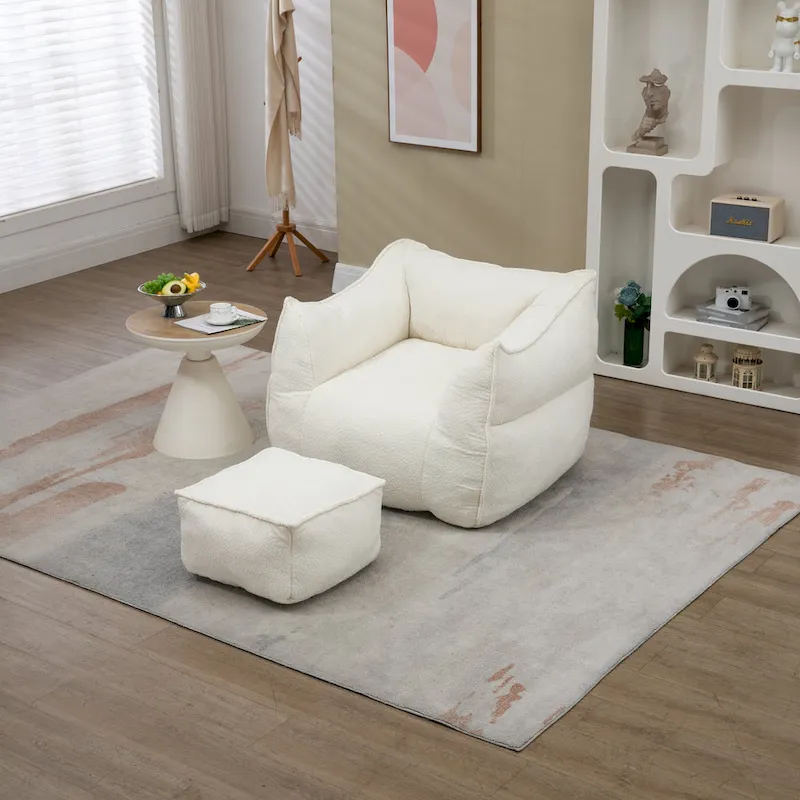Boucle Deep Seat Armless Bean Bag Chair with Ottoman