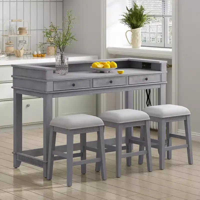 Whisen 4-Piece Dining Bar Table Set with 3 Upholstered Stools and 3 Drawers