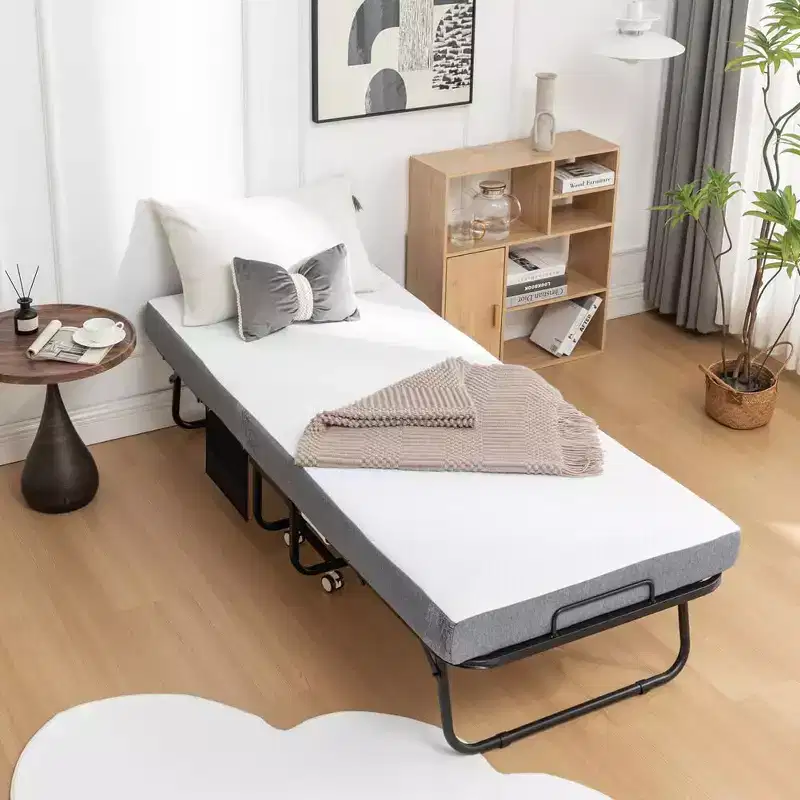 Folding Bed with Mattress, Portable Foldable Bed with 5Memory Foam Mattress and Metal Frame,Roll Away Bed Guest on Wheels with Side Storage Pocket