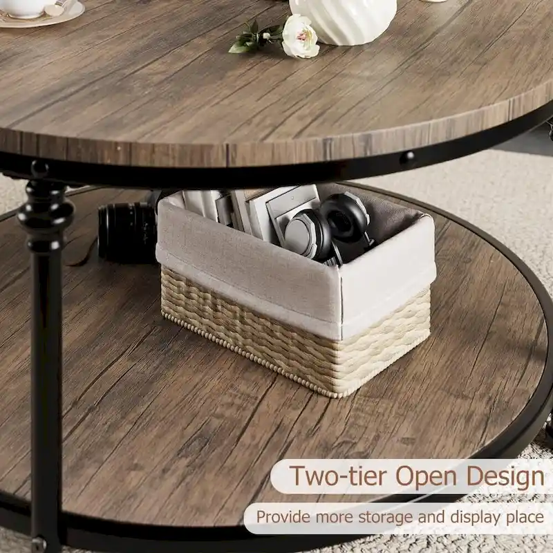 Round Coffee Table with 2-Tier Shelf, 30.31