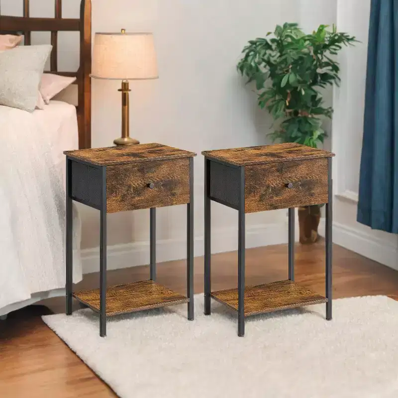 Set of 2 Nightstands with Fabric Drawer and Storage Shelf - 24-Inch Tall End Tables for Bedroom or Living Room, Rustic Brown and Black