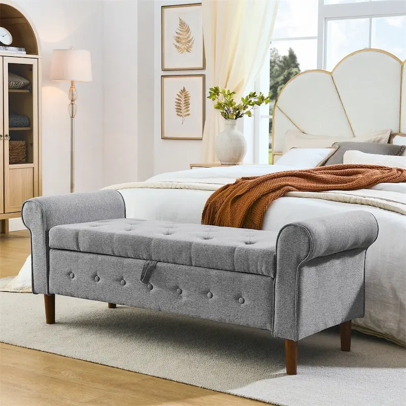 62 Bedroom Tufted Button Storage Bench, Linen Upholstered Ottoman