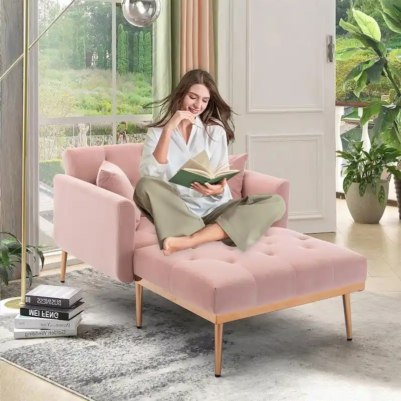 Chaise Lounge Chair Indoor,2 in 1 Velvet Convertible Sleeper Chair w/Ottoman,Lounge Chair w/Adjustable Reclining Backrest