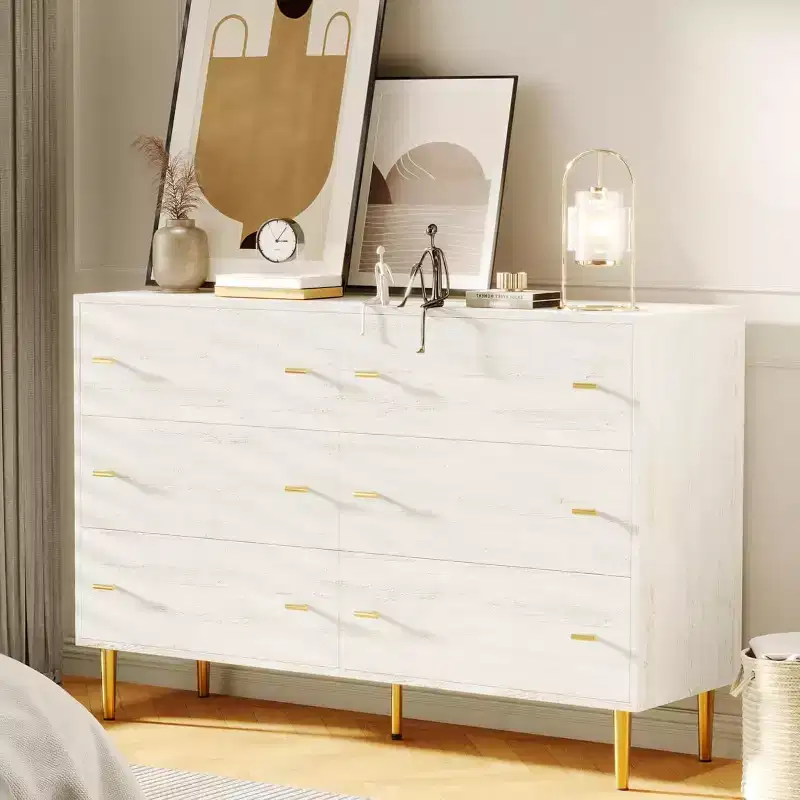 47.2 Farmhouse 6 Drawer Dresser, Rustic Wooden Chest with Large Drawers & Bar Handles for Bedroom, Living Room, Hallway