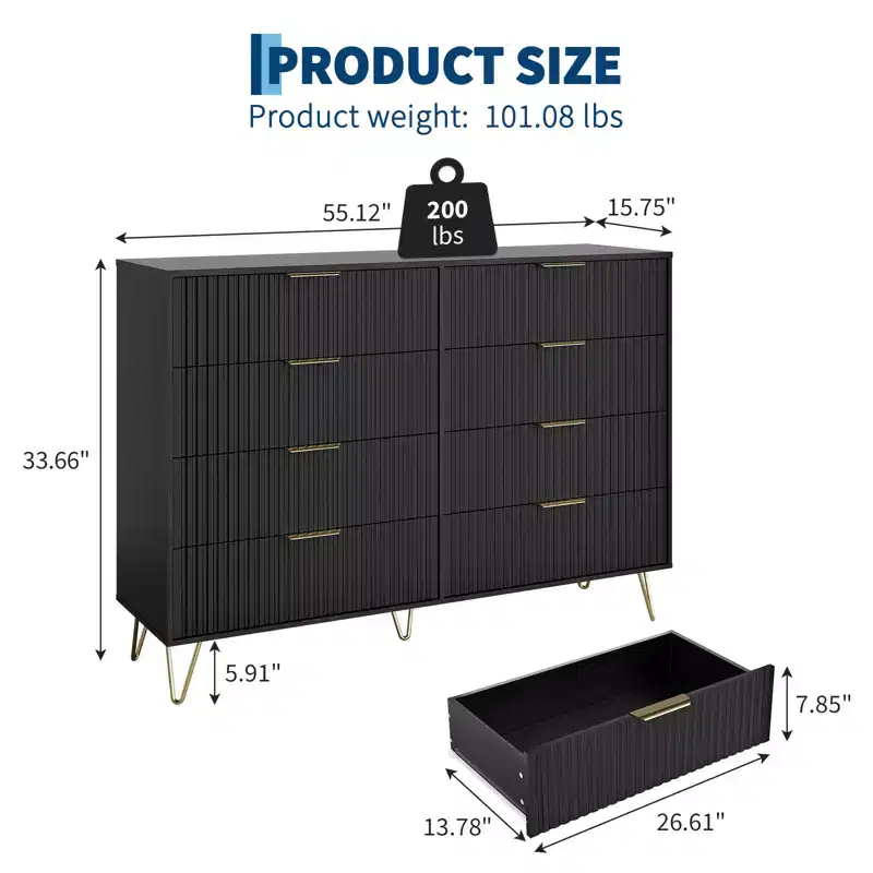 8 Drawer Dresser for Bedroom, 55W Wood Chest of Drawers with Metal Legs, Clothes Storage Organizer,Closet Dresser & TV Stand for Hallway