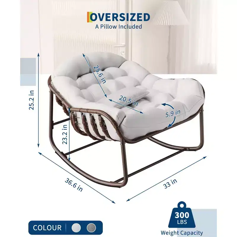 Rattan Oversized Papasan Rocking Chair with Thick White Cushion, Adult Egg Rocker & Lounge Seat for Outdoor Patio & Living Room Reading