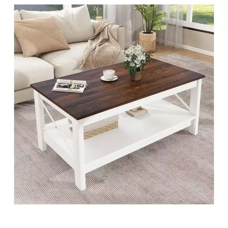 Farmhouse Coffee Table With Storage Wood 2 Tier Center Cocktail Table Living Room, White