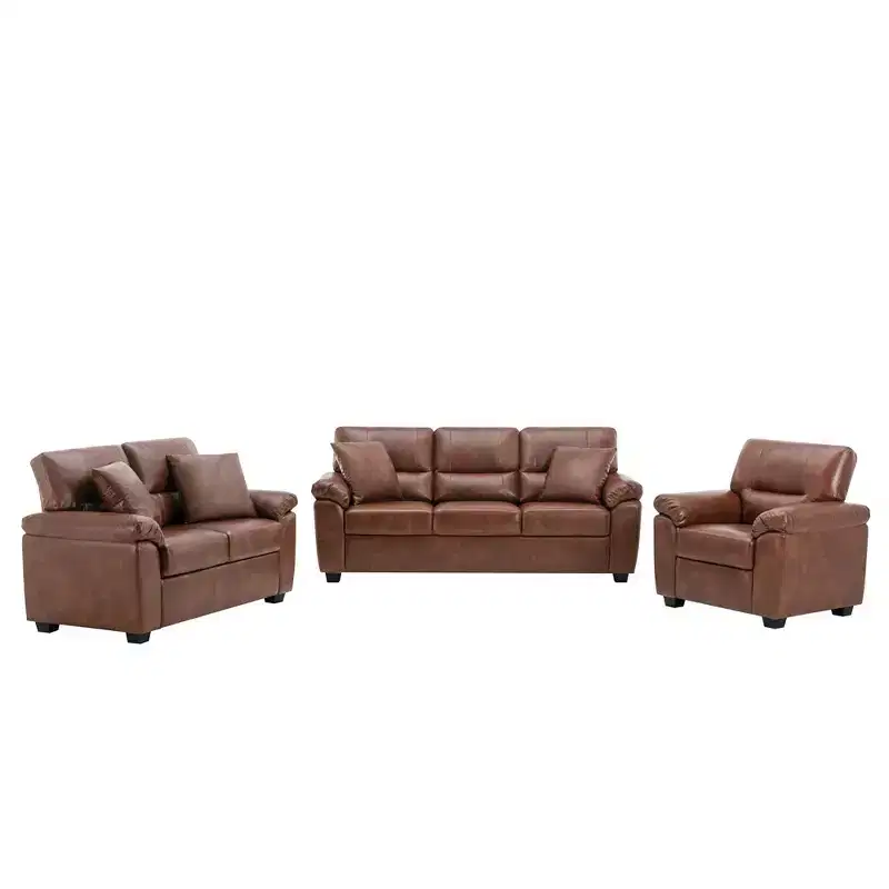 6 seater Living Room Sofa Loveseat Chair Set Faux Leather Couch with Pillows Chocolate Black-Morden Fort