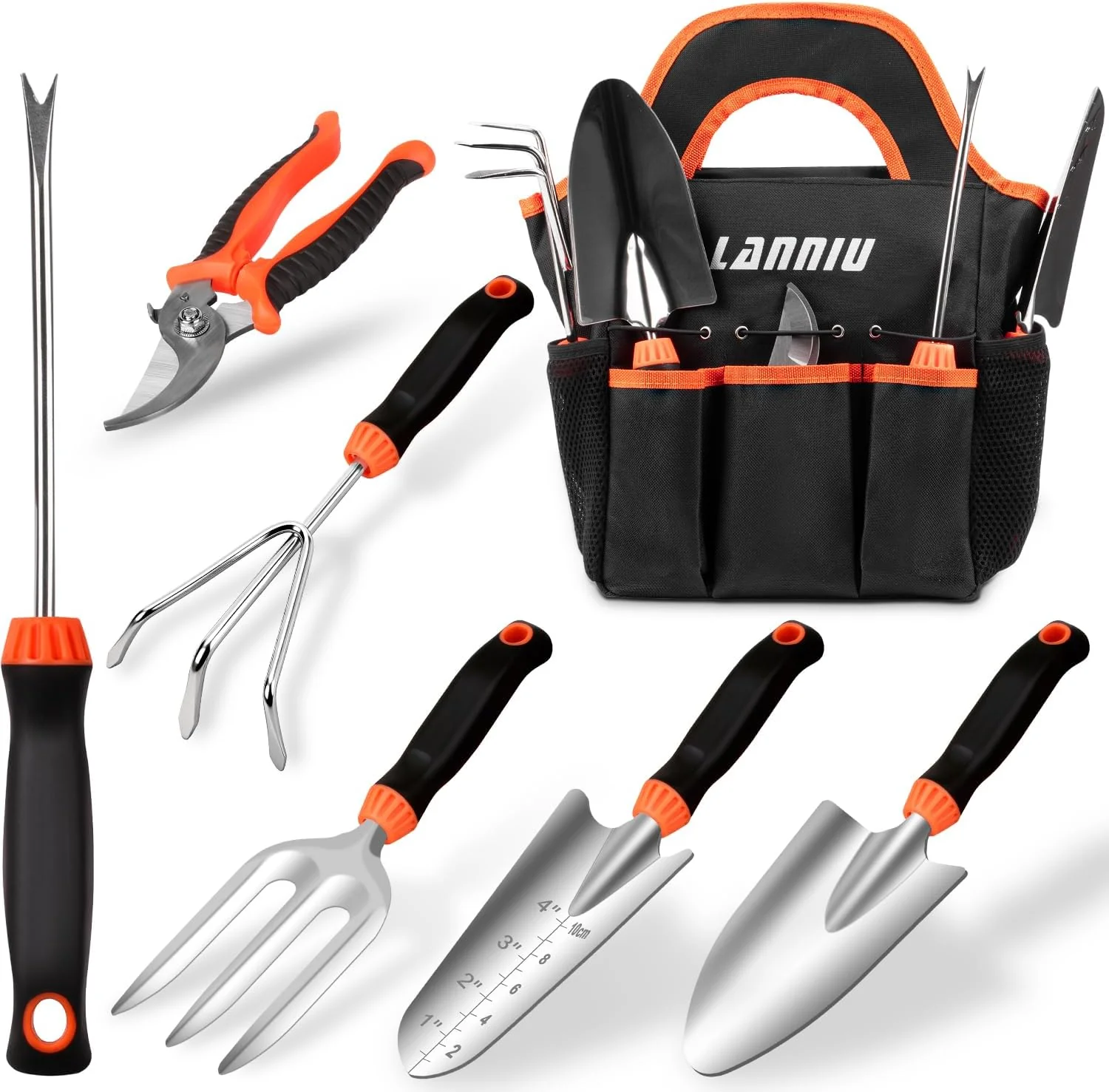 9 Piece Garden Tool Set Heavy Duty Stainless Steel Ergonomic Rubber Handles with Storage Tote Bag