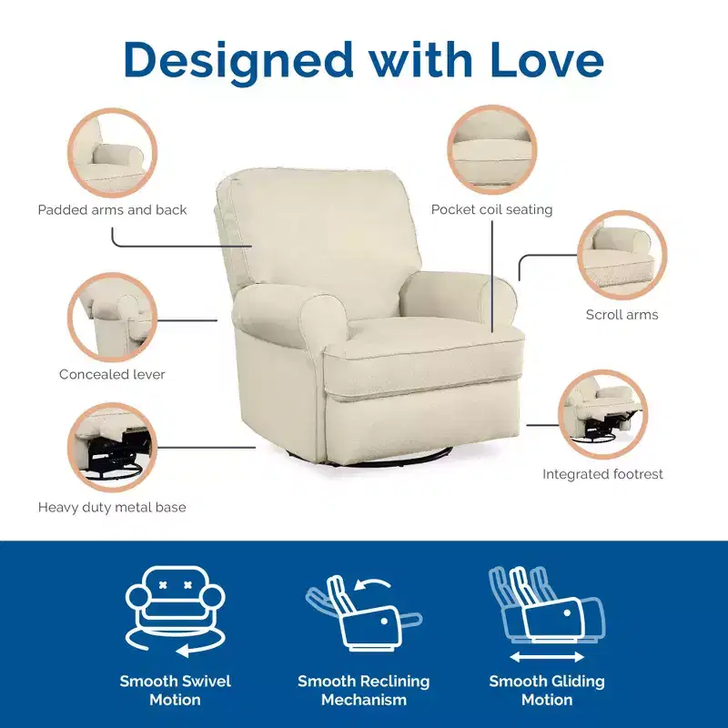 Nursery Swivel Glider Recliner Chair, Chenille Upholstered, Large Roll Arms, T-Cushion Seat, Beige/Gray