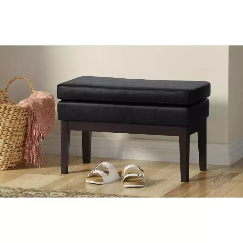 27 inch Wide Mid Century Small Ottoman Bench in Distressed Black Vegan Faux Leather