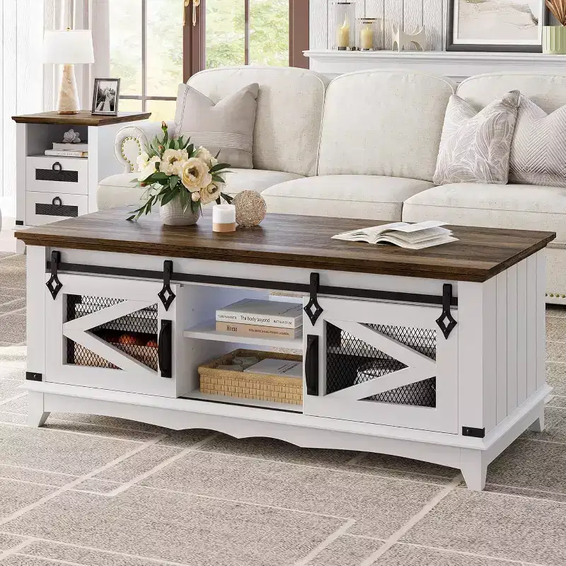 White Modern Coffee Table with 2 Handle-Free Drawers, Metal Legs & Open Back Shelf Rectangle Center Table for Living Room, Easy Assembly