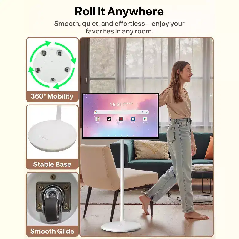 SYLVOX 27 Rolling Smart TV, 1080p Touchscreen, Android 14, 8GB+128GB, 10000mAh Battery, Voice Remote, Dual 10W Speakers, White