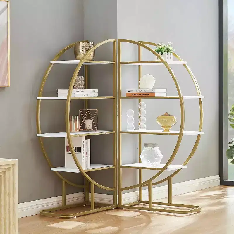 MAYEERTY 4 Tier Round Bookshelf, MDF Board Gold Metal Frame, Home Office, White