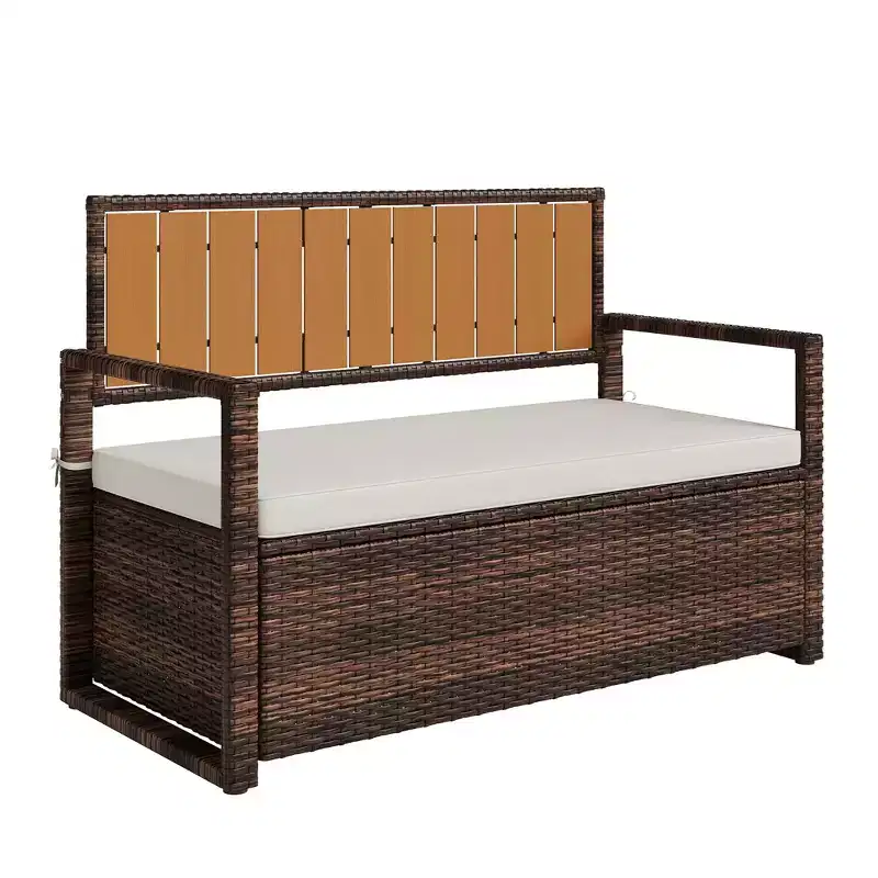 2-Person Outdoor Storage Bench with Cushion  Waterproof PE Rattan Deck Box  Backrest & Armrests  Metal Frame for Garden, Balcony, Porch, Pool