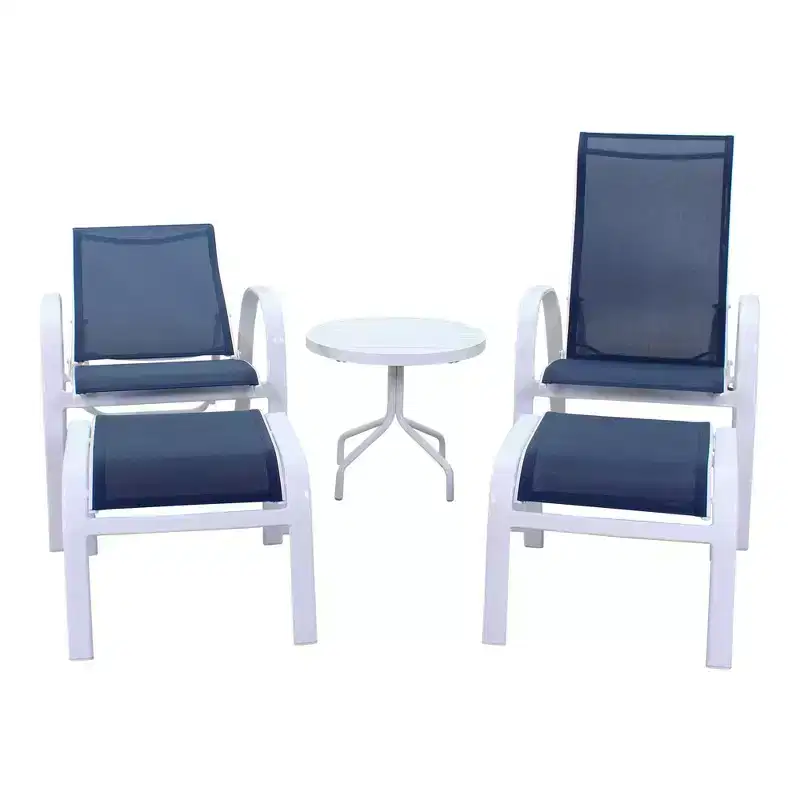 Courtyard Casual Santa Fe 5 pc Reclining Chair Set with Ottomans Includes Two Reclining Sling Chairs and Two Sling Ottomans and One End Table