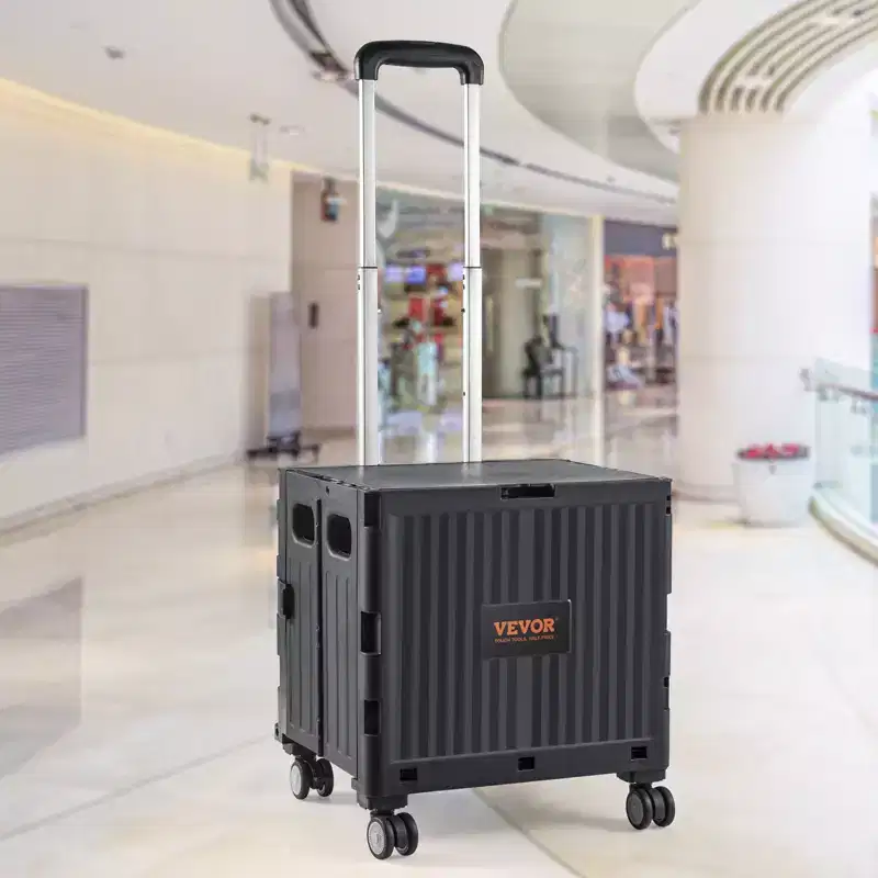 Foldable Utility Cart, 110 lbs Load Capacity, Folding Portable Rolling Crate Handcart with Heavy Duty Telescoping Handle and 4 Rotate Wheels