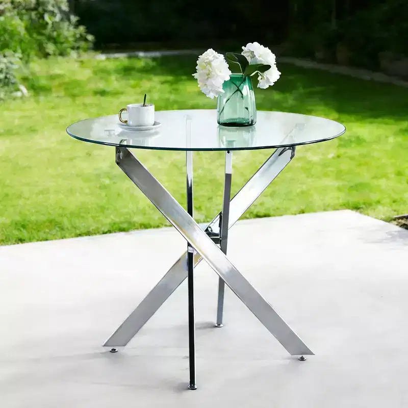 Square Dining Table with Chrome Cross Metal Legs & Tempered Glass Top, 35x35