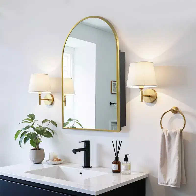 MAYEERTY 36 x 24in Modern Arch Bathroom Medicine Cabinets, Metal Framed Wall Mirror with Storage, Gold