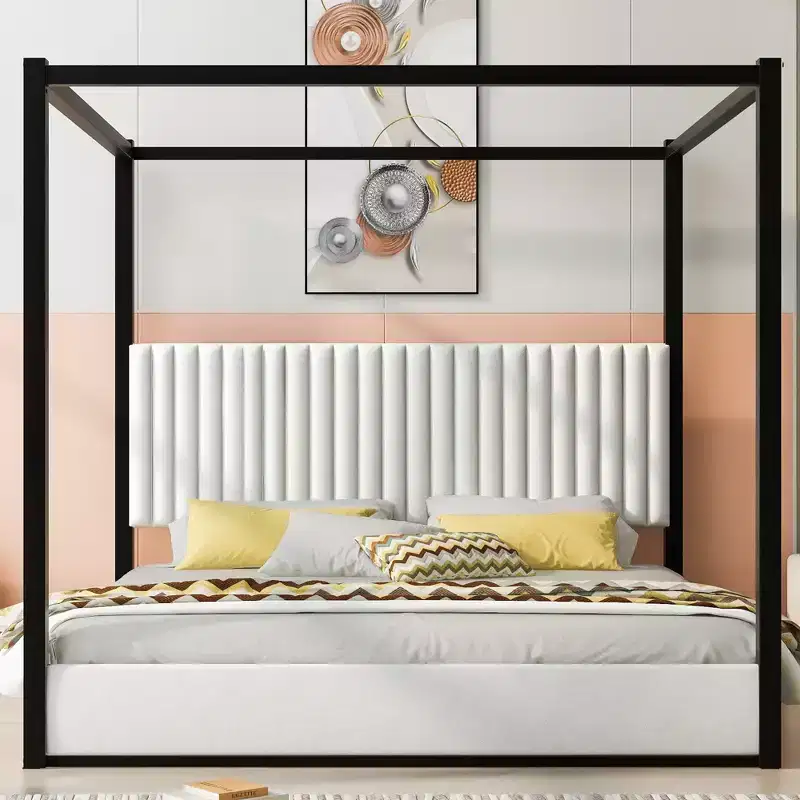 King Size Wood Platform Bed with Upholstered Headboard and Metal Frame, Easy Assembly