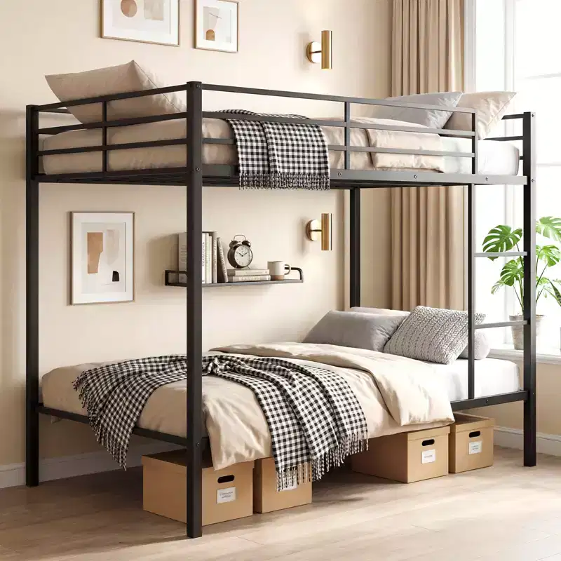 Full Over Full Metal Bunk Bed with Safety Guardrail - Heavy Duty, 600 lb Capacity