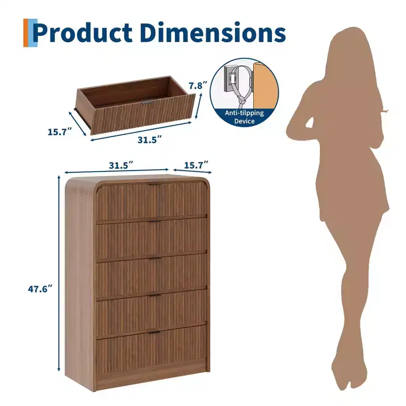 Fluted 5 Drawers Dresser for Bedroom, 47.6 Tall Modern Chest of Drawers with Round Edge & Metal Handle, Wooden Storage Organizer for Living Room