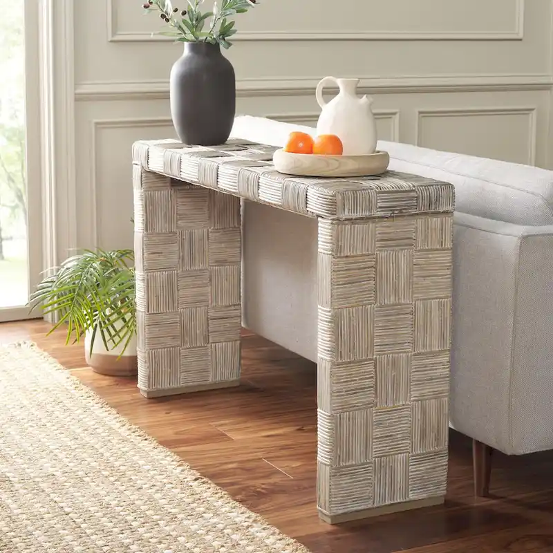 Black / White / Honey Natural Rattan Console Table, 1-Person, Woven Crosshatch Style
