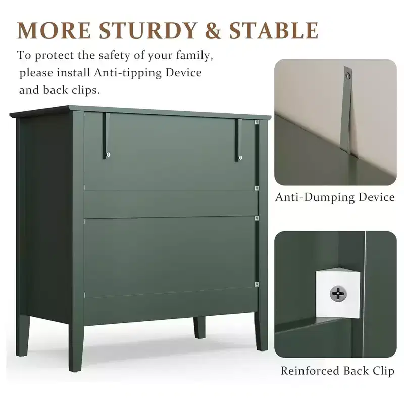 RoyalCraft Fluted Dresser 3 Drawer Bedroom Storage Cabinet and Nightstand, Green