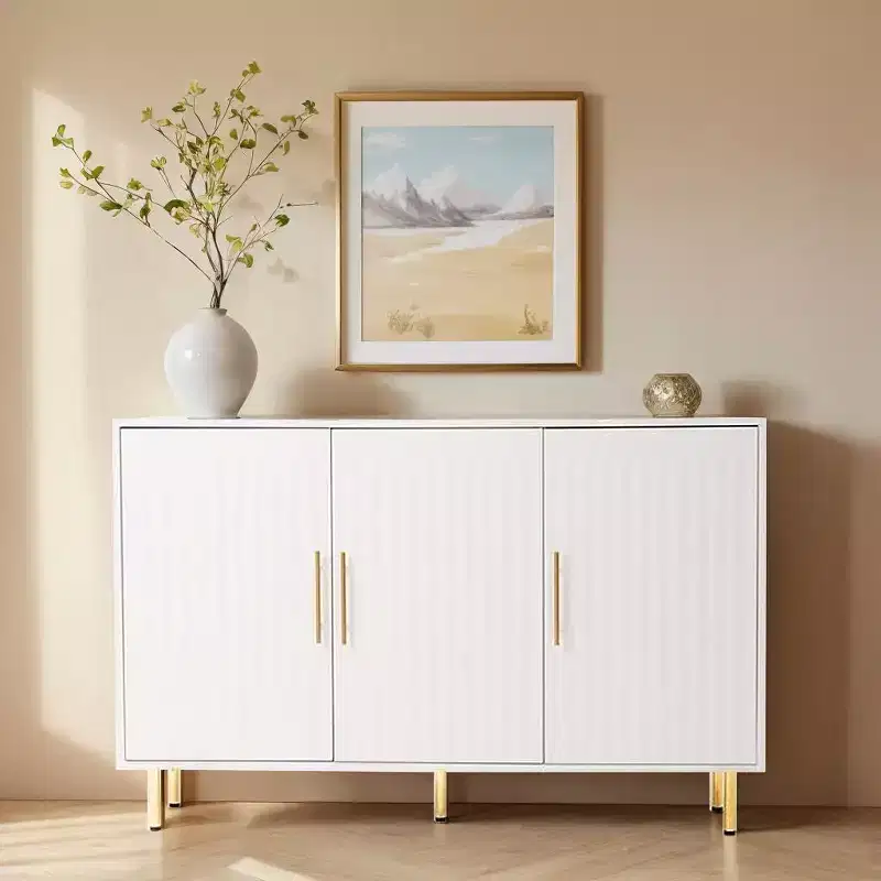 55.12in Large Storage Cabinet, Sideboard Cabinet with 3 Doors and Gold Handles, Buffet Cabinet for Kitchen, Dining Room, Living Room, White