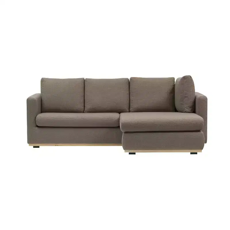 Sofa with Chaise Lounge Beige: Modern L-Shaped, Interchangeable, Wood Trim, Mushroom Brown
