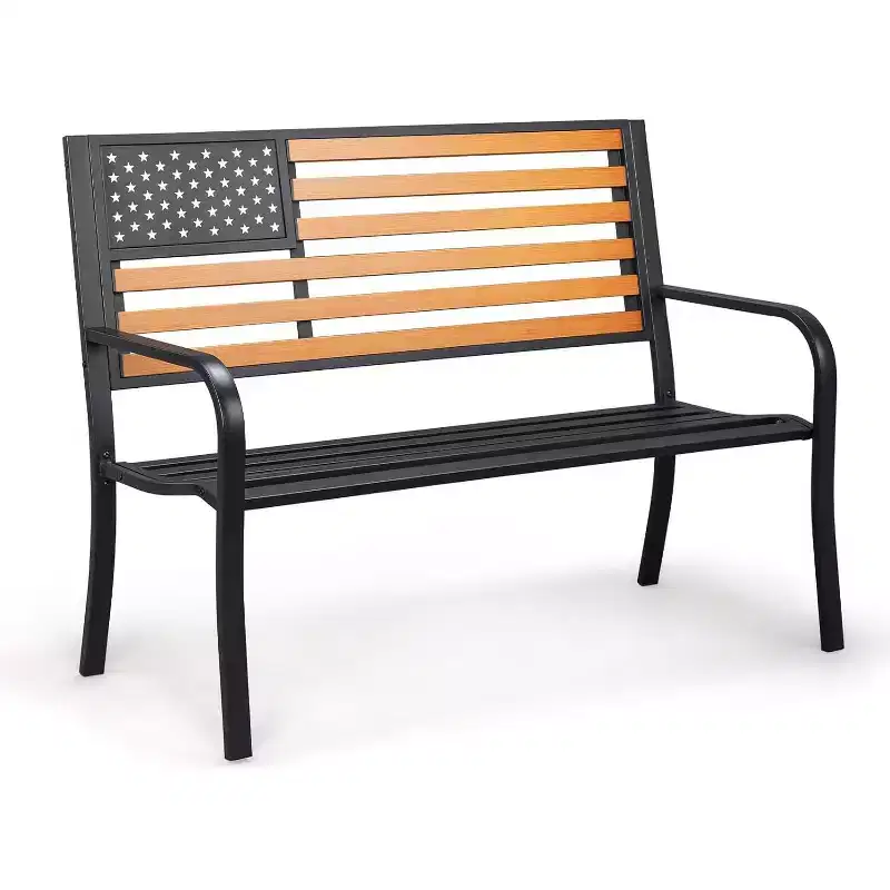 VINGLI Outdoor Metal Bench, 50in Weatherproof Garden Bench w/American Flag Style, 2-Person Sturdy Steel Patio Bench