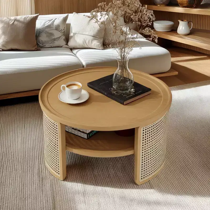 31.3''W 2-Tiered Round Rubber Wood Coffee Table with Storage Rattan Base 4B - ModernLuxe
