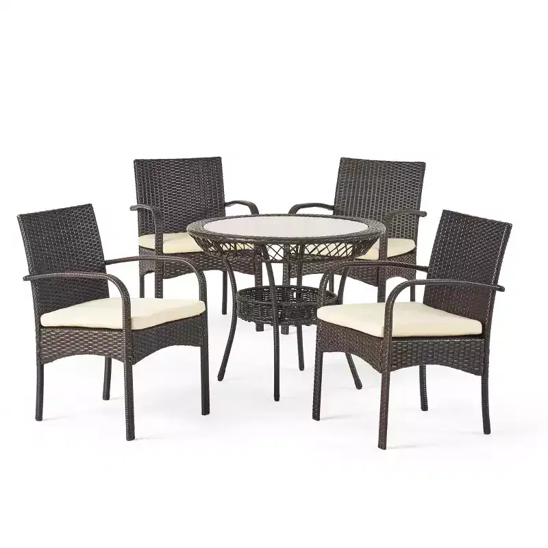 GDFStudio Kija Outdoor Wicker and Tempered Glass 5 Piece Dining Set with Cushion