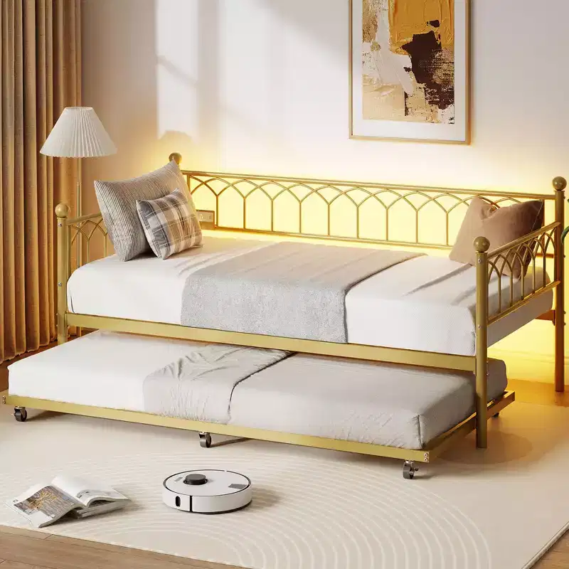 Twin Daybed with Trundle, Day Bed with Charging Station & LED Lights, Metal Sofa Bed Frame with Pull Out Trundle for Living Room, Bedroom, Apartment