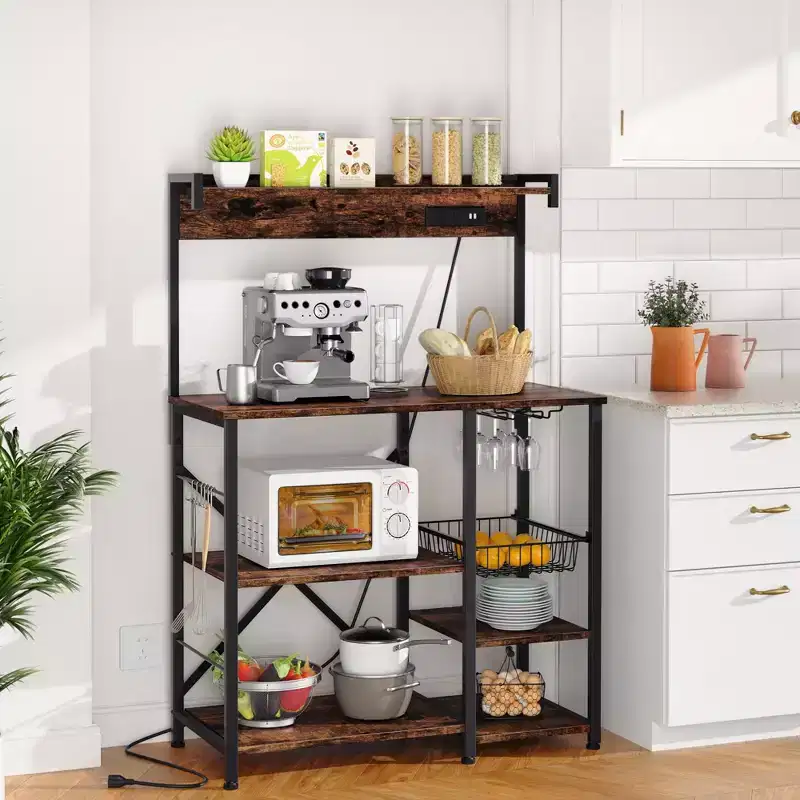 Celebalcony Bakers Rack with Power Outlet, 34.7 Open Storage Shelves with Wire Basket, Kitchen Microwave Stand with 6 S-Shaped Hooks
