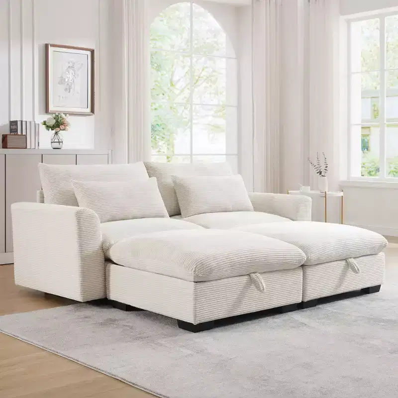Cozy Two-Seater: Corduroy Sofa with Built-In Footrest Storage