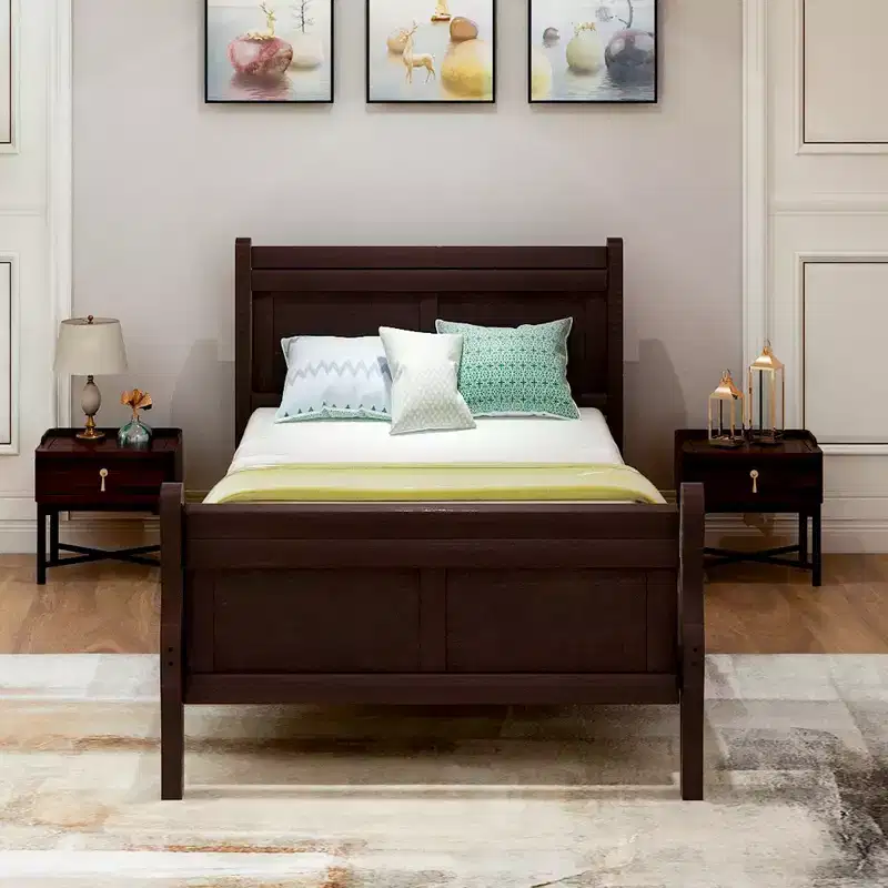 Wood Platform Bed Frame with Sleigh Design, Headboard, Footboard, and Sturdy Slat Support