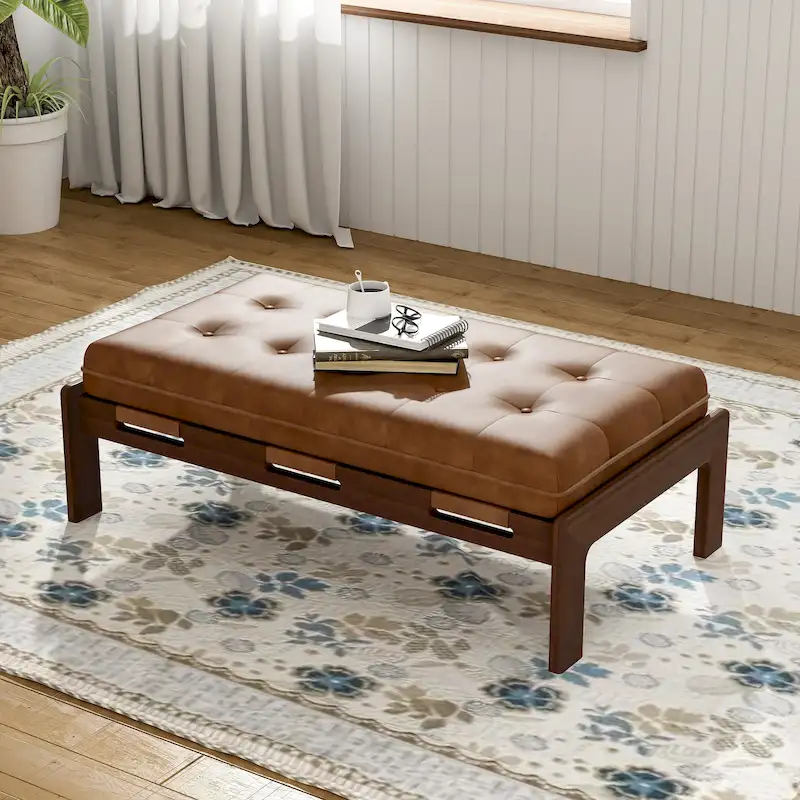 48.4 Rectangle Tufted Upholstered Cocktail, Leather Ottoman Coffee Table with Rubber Wood Frame