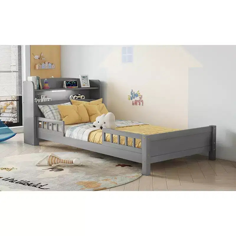 Pine Wood Twin Platform Bed with Bookcase Headboard and Safety Guardrails