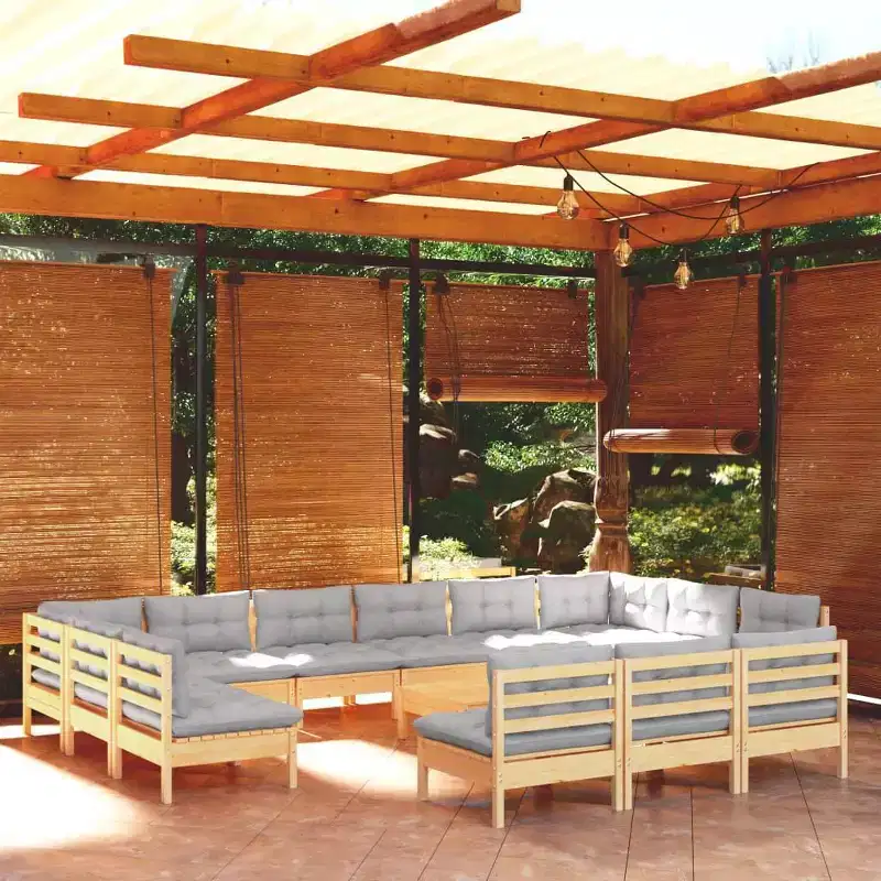 vidaXL Solid Pinewood Patio Lounge Set 14 Piece with Cushions Multi Colors - Brown and Gray