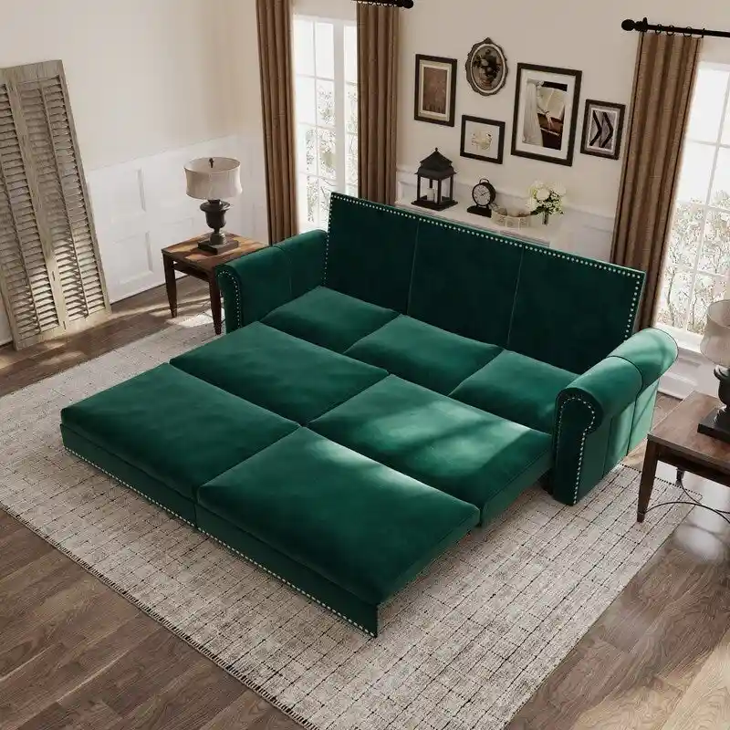 Chesterfield Sofa Bed, King Pull Out Sofa Bed, Velvet/Faux Leather Convertible Sleeper Sofa w/ Nailhead Trim & Rolled Arm
